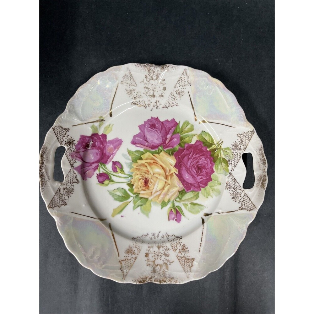 F.P. BAVARIAN Antique Pink & Yellow ROSES Opalescent Serving Tray w/Handles Rare